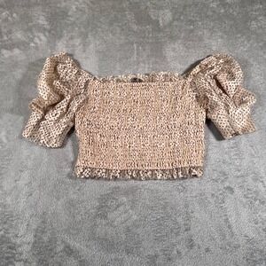 The Sang Top Womens Large Beige Puff Sleeve Smocked Crop‎ Top Polka Dot